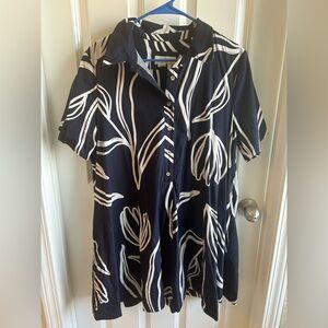 Navy Blue and White Floral Button-Up Dress